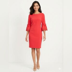Jessica Howard Coral Red Sheath Dress with Ruffle Bell Sleeves